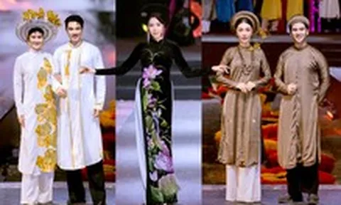 Việt Hùng 'trẻ hóa' áo dài ngũ thân, Lan Vy tôn vinh áo nhật bình