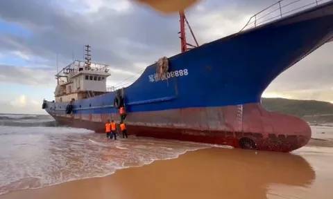 Kiểm tra tàu sắt có chữ Trung Quốc trôi dạt, mắc cạn ở biển Dung Quất